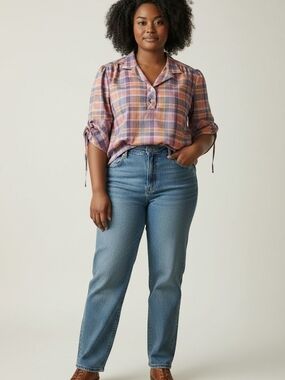 Vintage 70s/ 80s Plaid Blouse Split Neck Tie Cuff Sleeve Multicolor Top.
